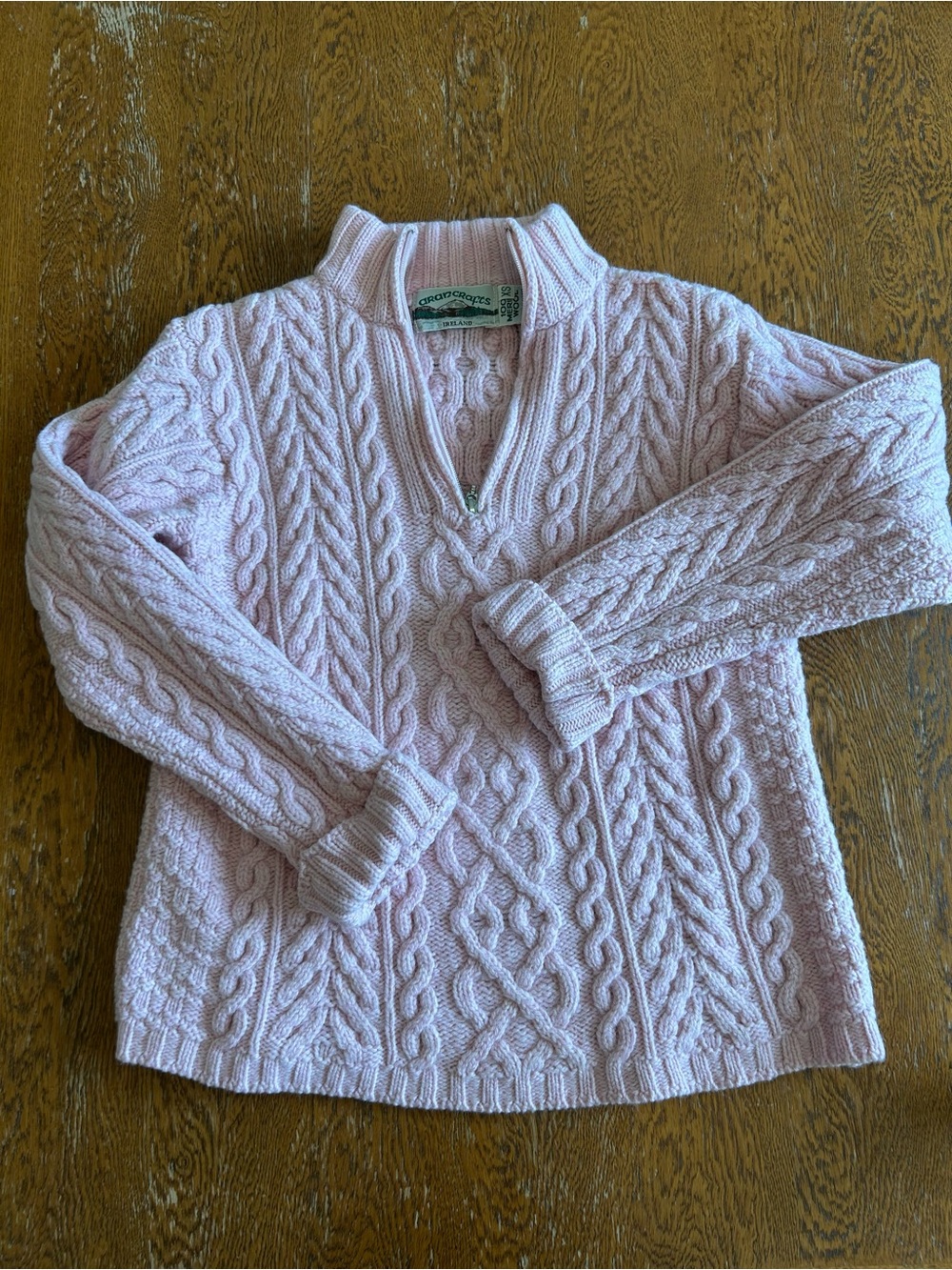 Aran Crafts 100% Merino Wool Light Pink Cable-Knit Half-Zip Sweater